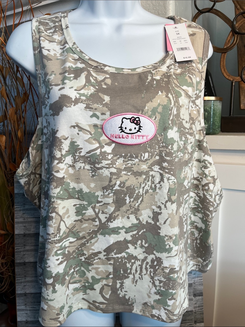 Hello Kitty Neutral Camo Tank Top with Pink Patch